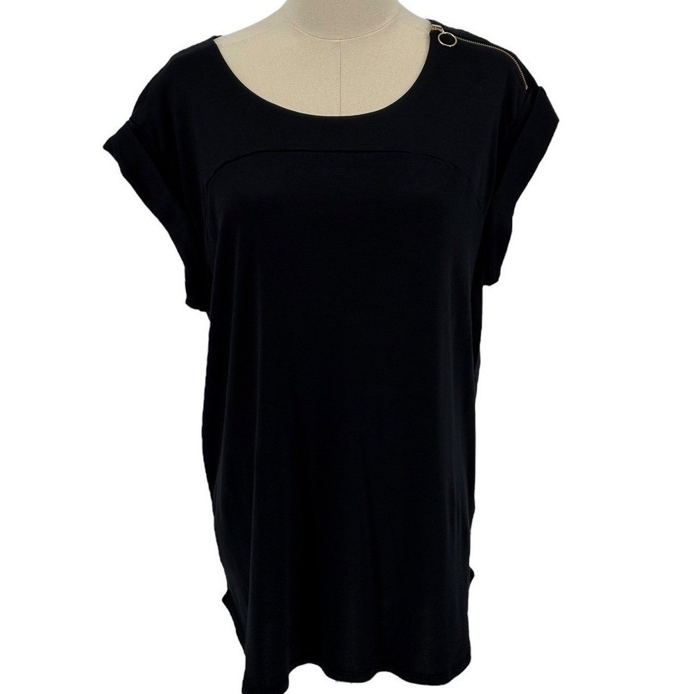 Lands End Top Black Gold Shoulder Zipper Cuffed Sleeve Cotton Modal Plus 1X